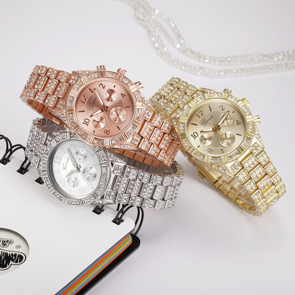 Alloy Watch with Rhinestones and Geneva Design