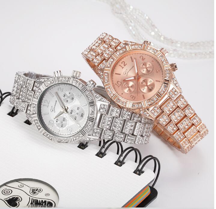 Alloy Watch with Rhinestones and Geneva Design