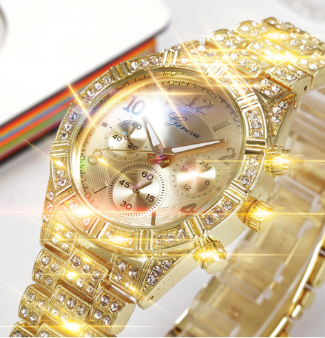 Alloy Watch with Rhinestones and Geneva Design