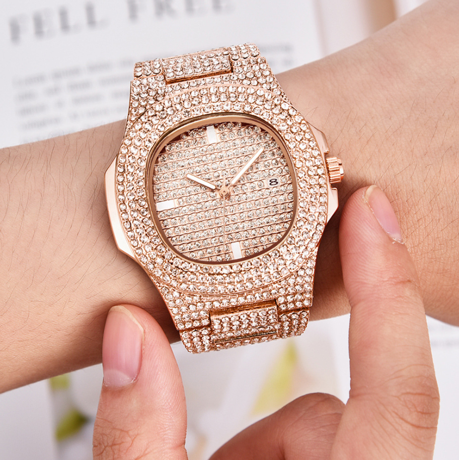 Men's Stainless Steel Watch with Glass Mirror and Diamonds