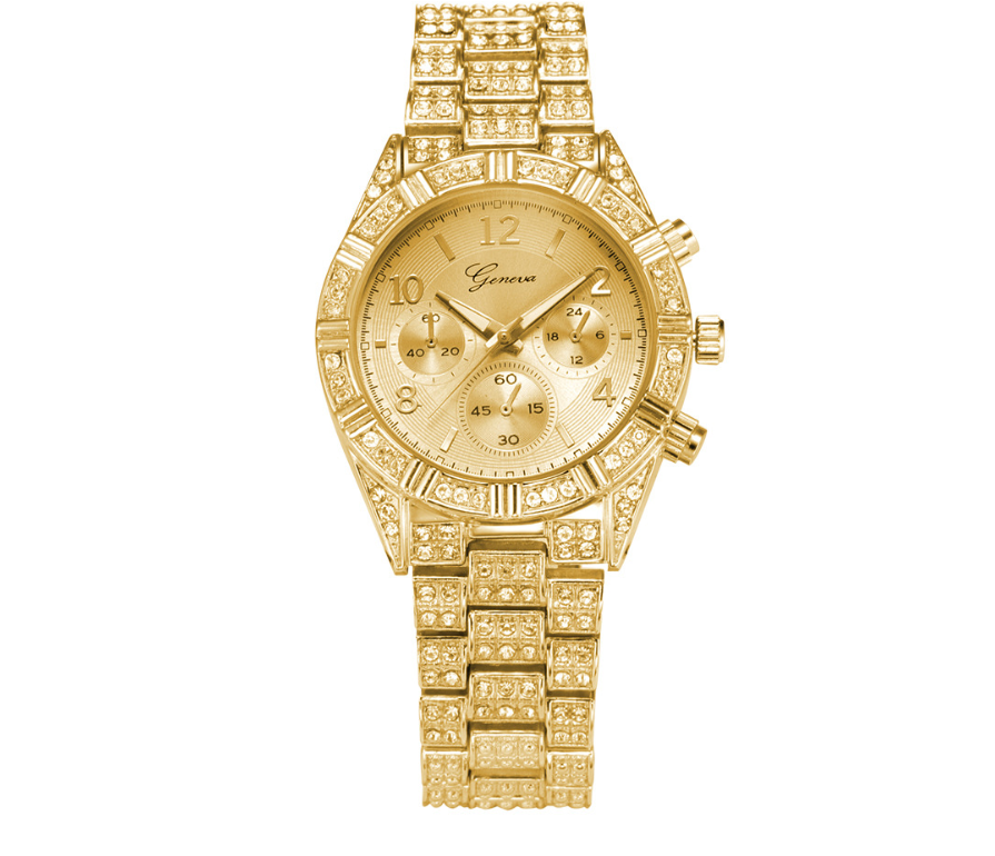 Alloy Watch with Rhinestones and Geneva Design