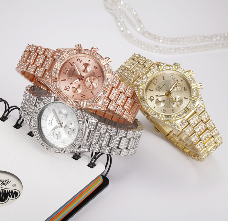 Alloy Watch with Rhinestones and Geneva Design