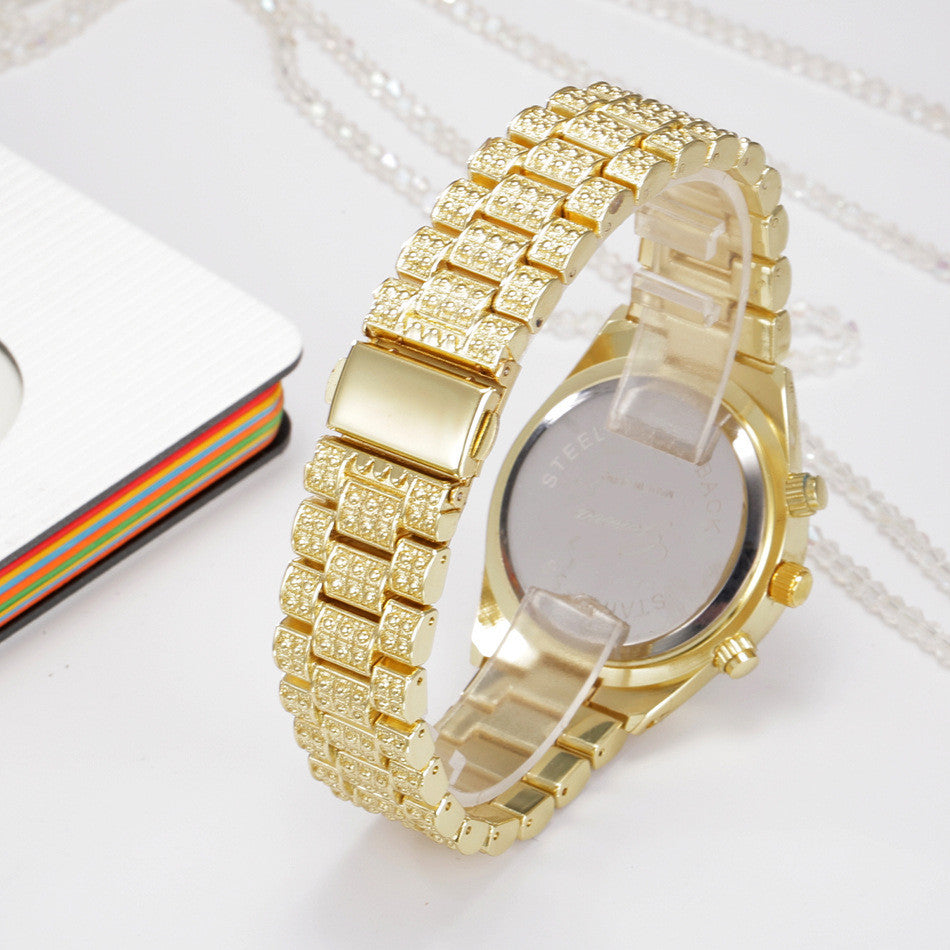 Alloy Watch with Rhinestones and Geneva Design