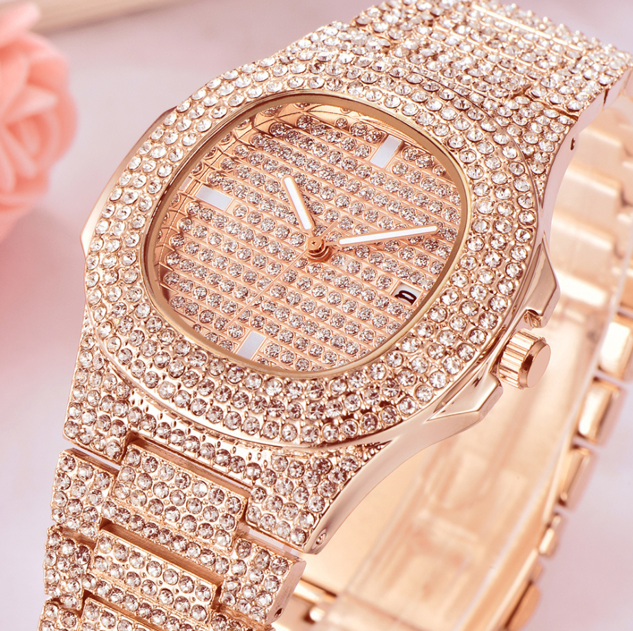 Men's Stainless Steel Watch with Glass Mirror and Diamonds