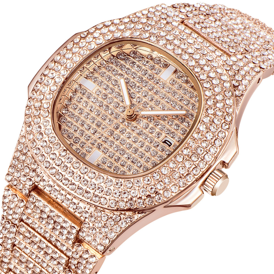 Men's Stainless Steel Watch with Glass Mirror and Diamonds