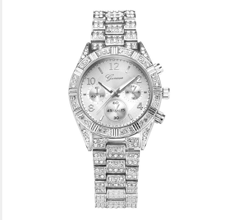 Alloy Watch with Rhinestones and Geneva Design