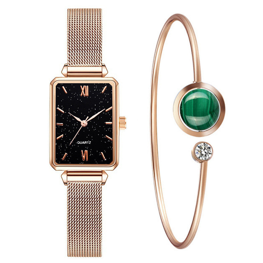 Fashionable Women's Alloy Mesh Green Square Quartz Watch