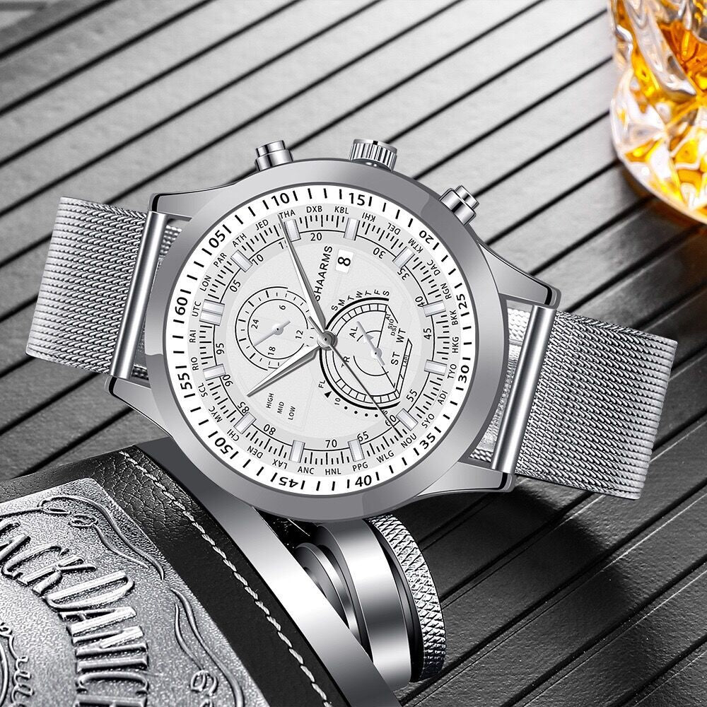 Men's Dual Scale Business Quartz Watch with Mesh Band