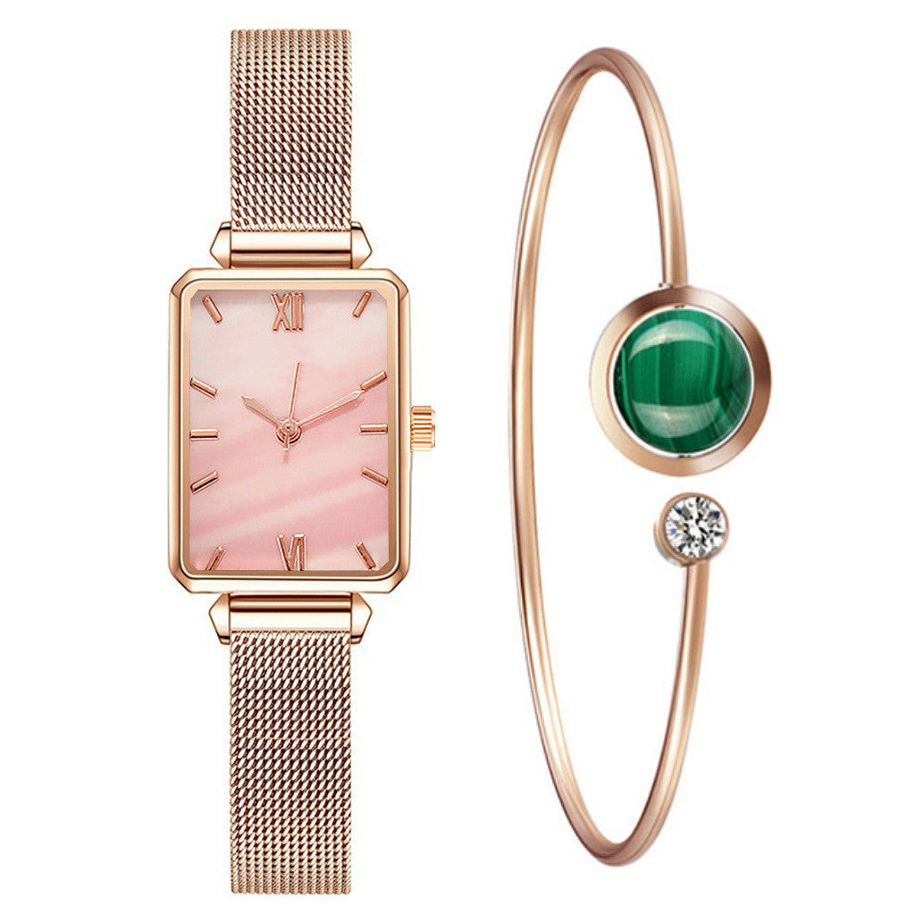 Fashionable Women's Alloy Mesh Green Square Quartz Watch