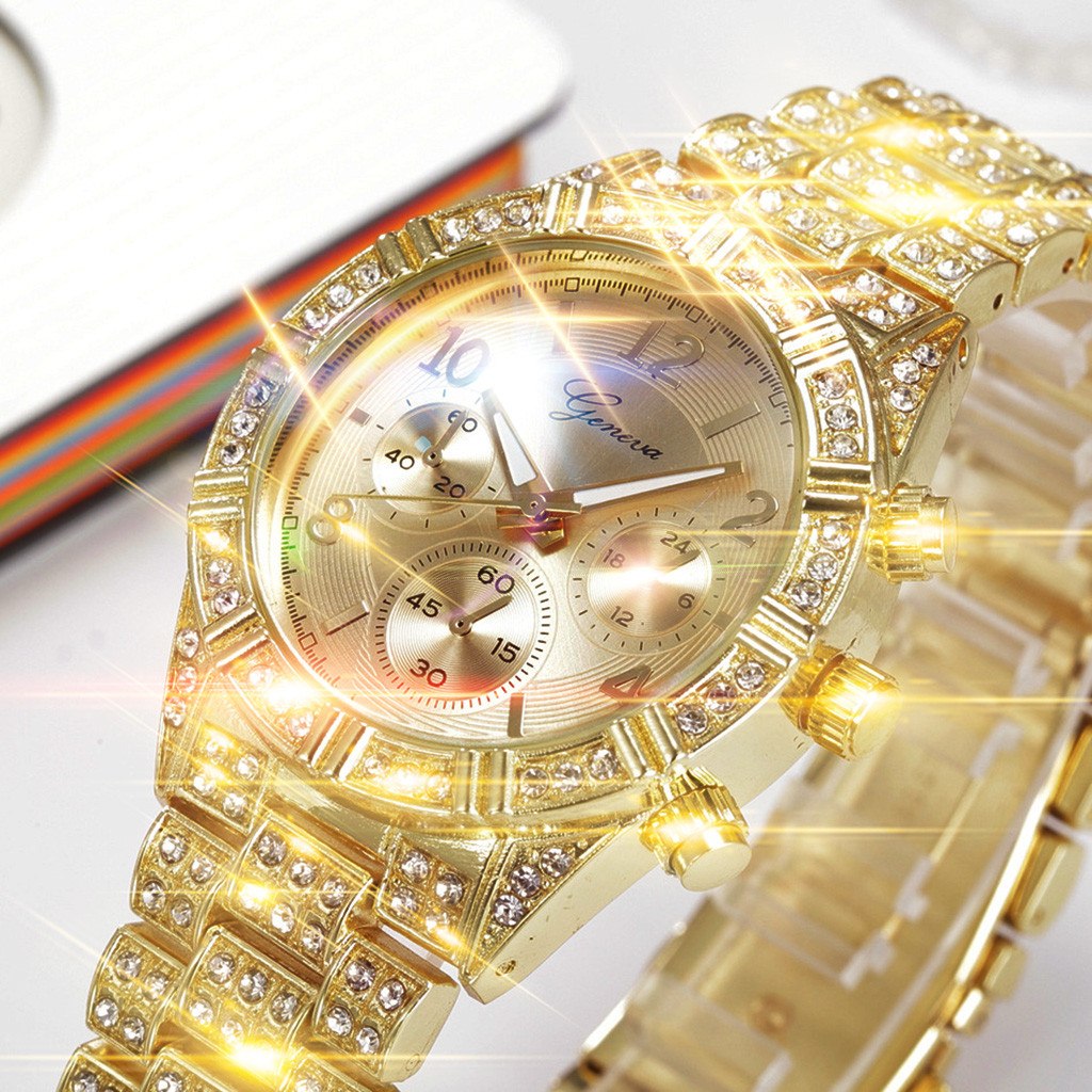Alloy Watch with Rhinestones and Geneva Design