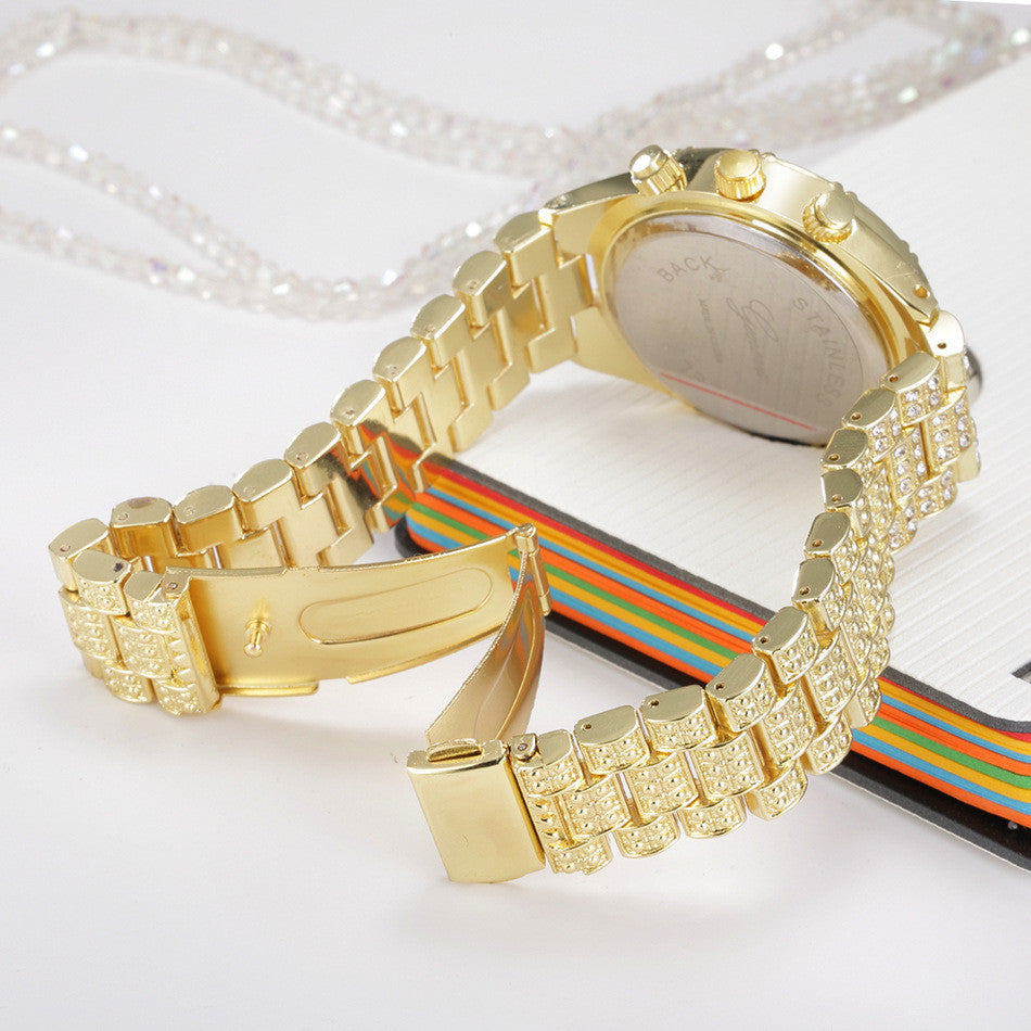Alloy Watch with Rhinestones and Geneva Design