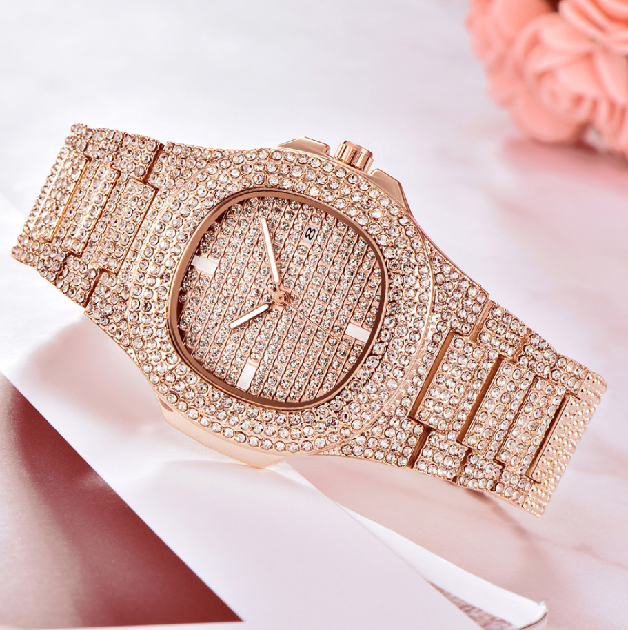 Men's Stainless Steel Watch with Glass Mirror and Diamonds