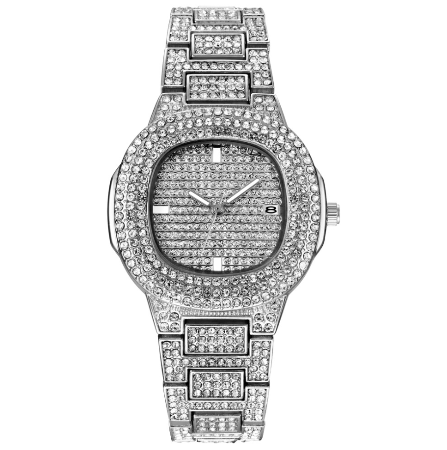 Men's Stainless Steel Watch with Glass Mirror and Diamonds