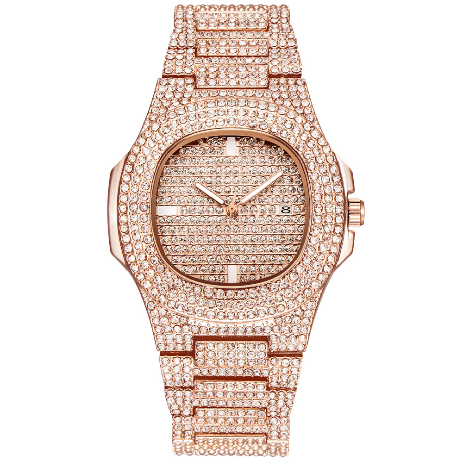 Men's Stainless Steel Watch with Glass Mirror and Diamonds