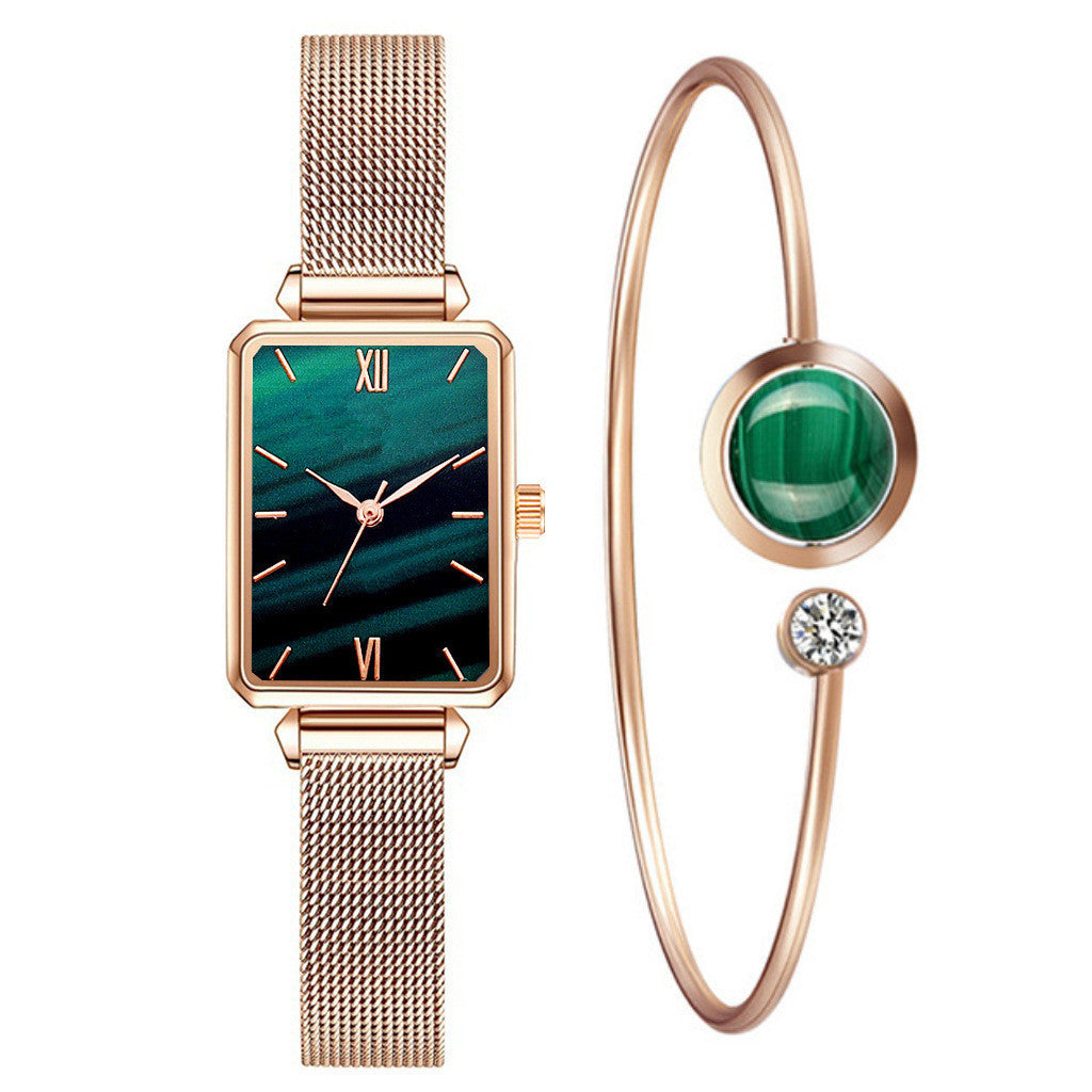 Fashionable Women's Alloy Mesh Green Square Quartz Watch